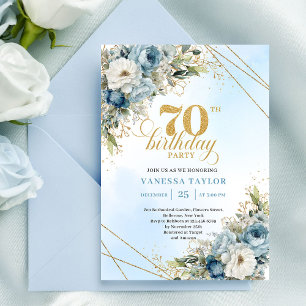 Lovely dusty blue watercolor florals 70th birthday invitation