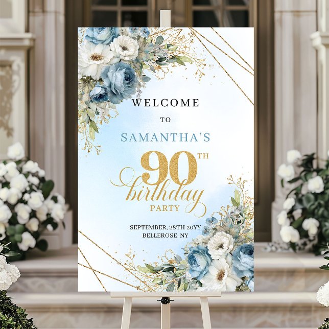 Lovely dusty blue watercolor florals 90th birthday poster (Lovely dusty blue watercolor florals 90th birthday

)