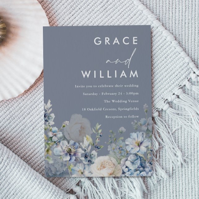 Lovely Dusty Blue & White Floral Wedding Invitation (Creator Uploaded)