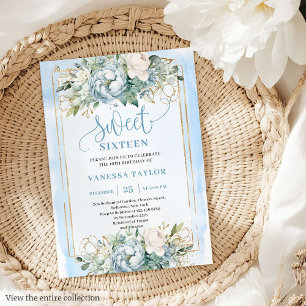 Lovely Dusty Blue White Peony Sweet 16 Invitation