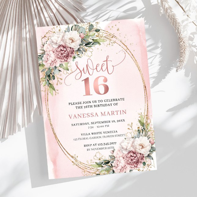 Lovely Dusty Pink Floral Greenery Sweet Sixteen  Invitation (Lovely Dusty Pink Floral Greenery Sweet Sixteen Invitation

)