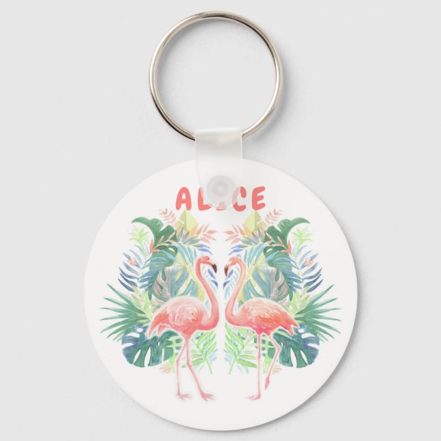 Lovely Fairy Tale For Two Flamingo Tropical Flower Key Ring (Front)