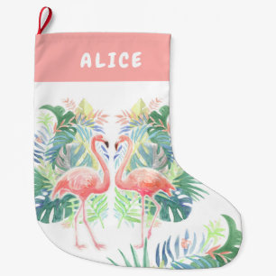 Lovely Fairy Tale For Two Flamingo Tropical Flower Large Christmas Stocking