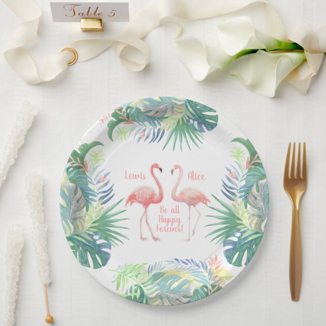 Lovely Fairy Tale For Two Flamingo Tropical Flower Paper Plate (Wedding)