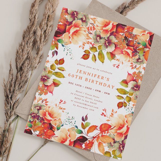 Lovely Fall Autumn Watercolor Floral 60 Birthday  Invitation (Lovely Fall Autumn Watercolor Floral 60 Birthday Invitation)