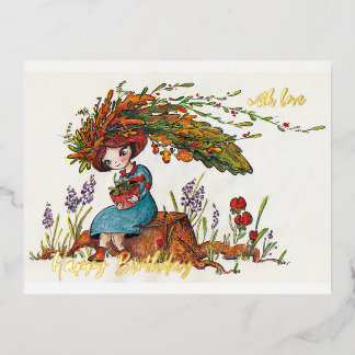 lovely fall girl foil holiday postcard