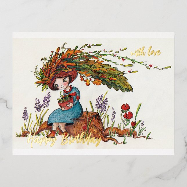lovely fall girl foil holiday postcard (Front)