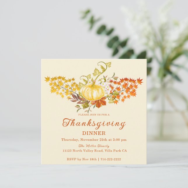 Lovely Fall Pumpkin and Fall Leaves Invitation (Standing Front)