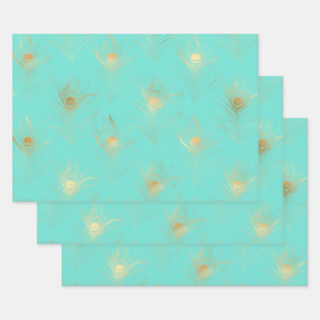 Lovely Feathers Blue Turquoise and Golden Wrapping Paper Sheet (Set)