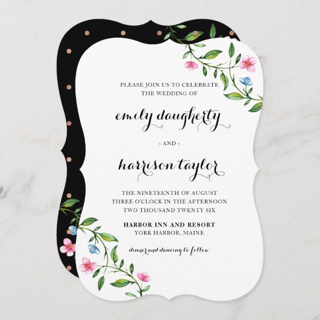 Lovely Floral and Dots Wedding Invitation (Front/Back)