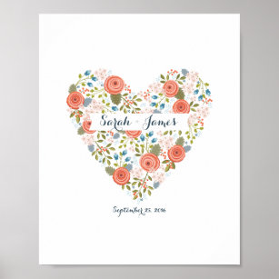 Lovely Floral Dream Heart Personalised Wedding Art Poster