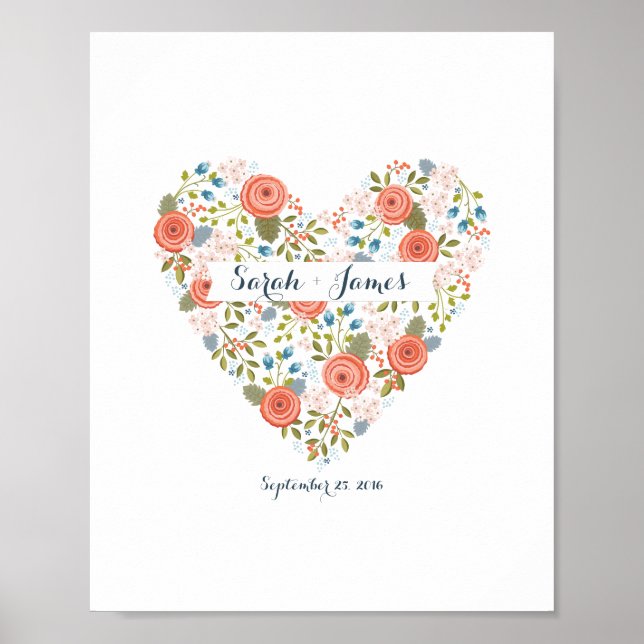 Lovely Floral Dream Heart Personalised Wedding Art Poster (Front)