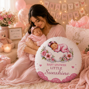 Lovely Floral Little Sunshine Baby Shower Round Cushion