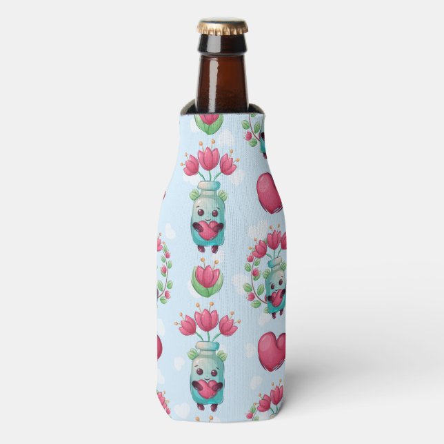Lovely Floral Mason Jar Hearts Pattern Bottle Cooler (Bottle Front)