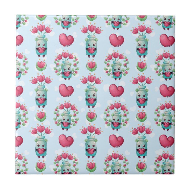 Lovely Floral Mason Jar Hearts Pattern Ceramic Tile (Front)