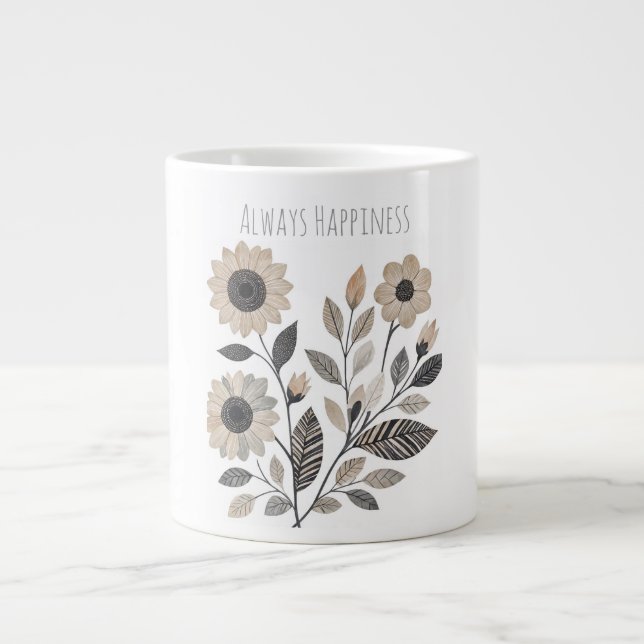 Lovely Flowers Pattern, Always Happiness  Large Coffee Mug (Front)