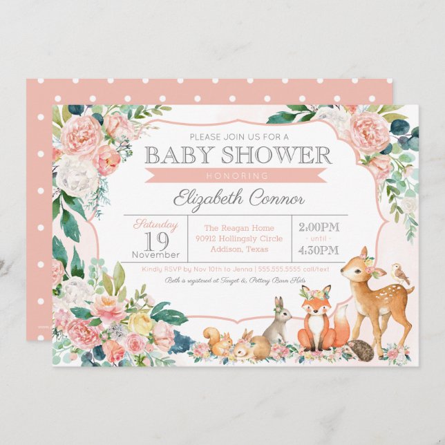 Lovely Forest Woodland Animals Girl Baby Shower Invitation (Front/Back)