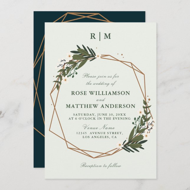 lovely geometric floral wreath wedding invitation (Front/Back)