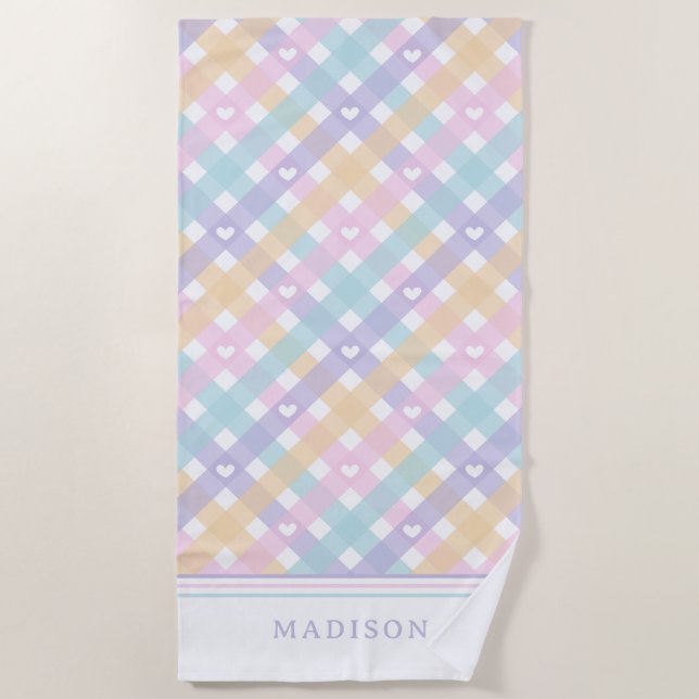 Lovely Gingham Plaids Hearts Beach Towel (Front)