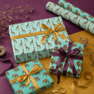 Lovely Giraffes, Lions and Elephants Wrapping Paper Sheet