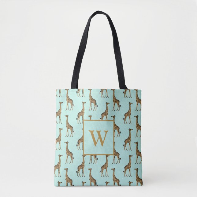 Lovely Giraffes Monogram Initial Tote Bag (Front)