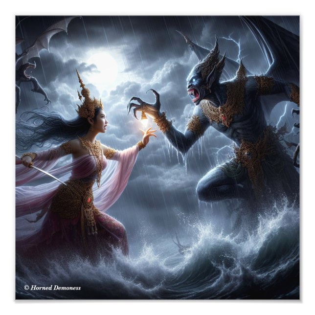 Lovely girl figthing a monster photo print (Front)