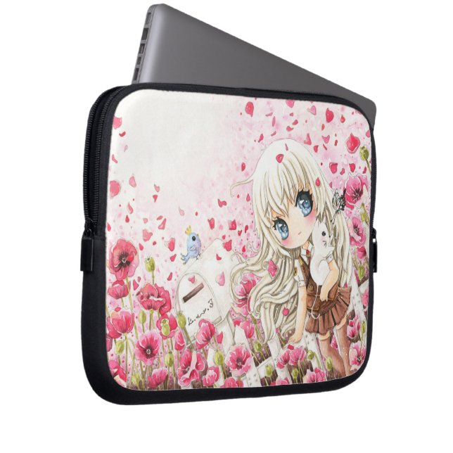 Lovely girl on the pink flowers field laptop sleeve (Front Right)