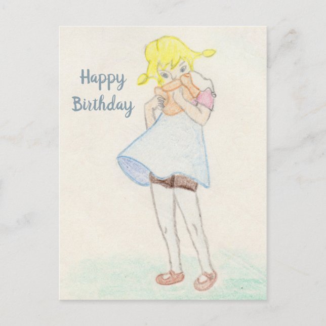 Lovely girl with teddy bear postcard (Front)