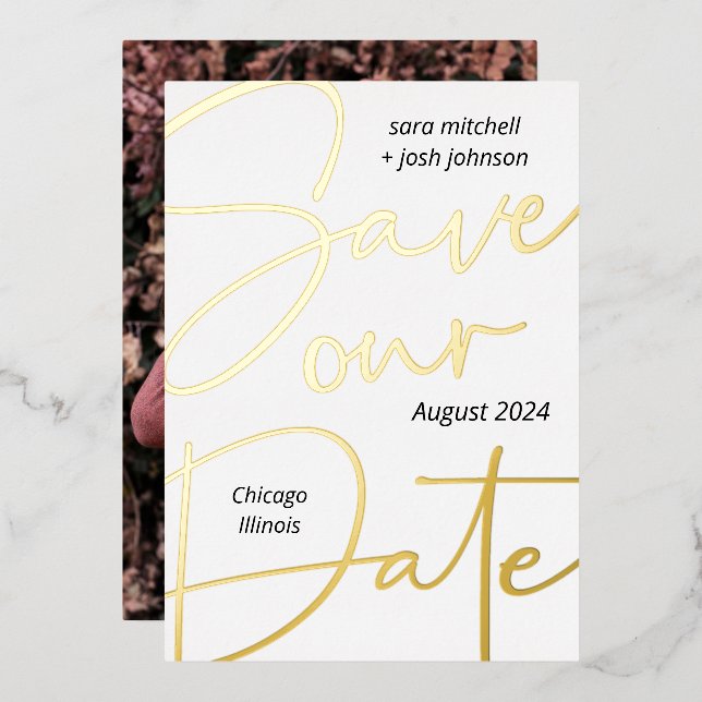 Lovely Gold Foil Script Minimal Save the Date (Front/Back)