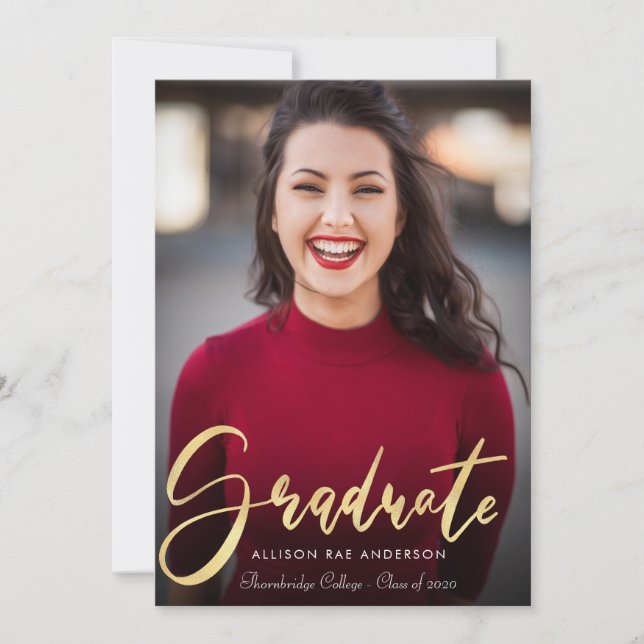 lovely gold script graduation announcement photo (Front)