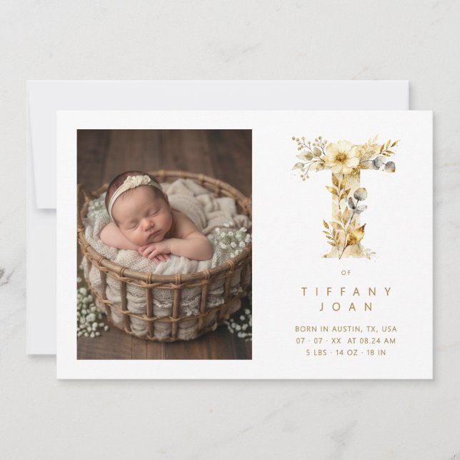 Lovely Gold T Initial with Romantic Floral Design (Front)