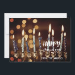 Lovely Golden Hanukkah Chanukah Menorah Lights  Invitation<br><div class="desc">A beautiful and impressive invitation of a lighted menorah and candles against a twinkling background and winter atmosphere.
The details on the back of the card for you to personalise.
Have a happy Holidays ❀</div>
