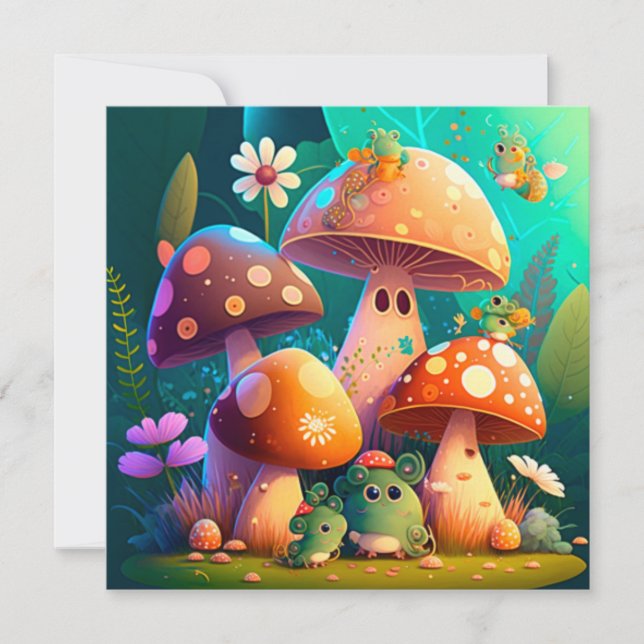 Lovely green cute baby mushrooms       invitation (Front)