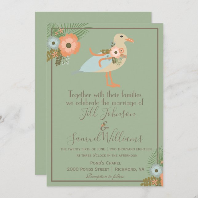Lovely Green Elegant Bird Wedding Invitation (Front/Back)