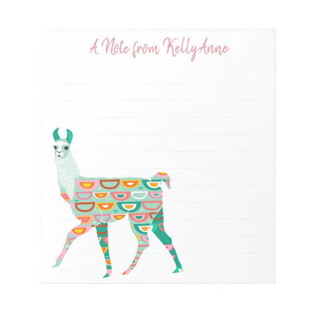 Lovely Green Llama Personalised Lined Notepad (Front)