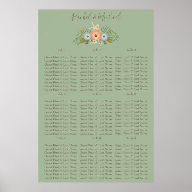 Lovely Green Starfish floral Seating Chart (Front)