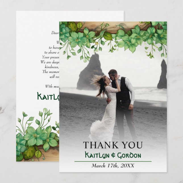 Lovely greenery St Patricks Day wedding photo Thank You Card (Front/Back)