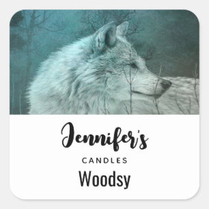 Lovely Grey Wolf in a Dark Forest Candle Business Square Sticker