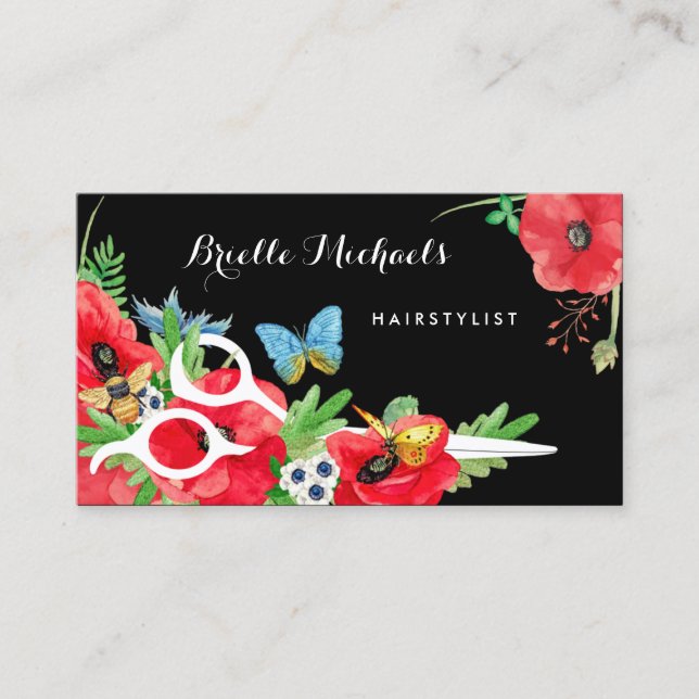 Lovely Hairstylist Red Poppy Floral With Scissors Business Card (Front)