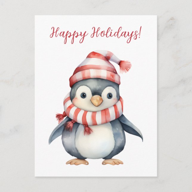 Lovely Happy Holidays Penguin Watercolor Artwork Postcard (Front)