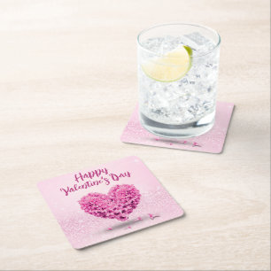 Lovely Happy Valentine's Day Pink Hyacinth Heart Square Paper Coaster