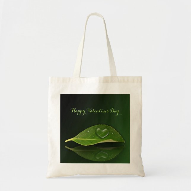 Lovely Heart-Shaped Water Droplet on Leaf Tote Bag (Front)