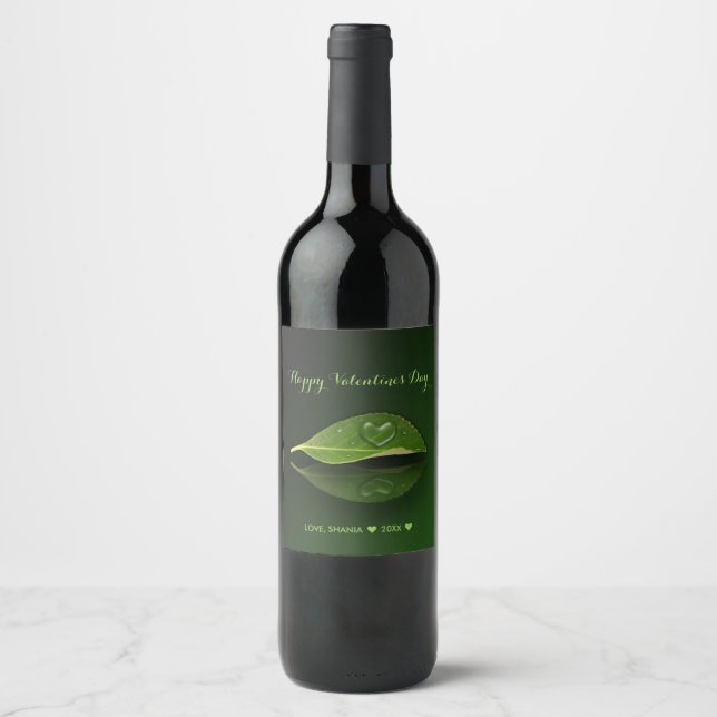 Lovely Heart-Shaped Water Droplet on Leaf Wine Label (Front)