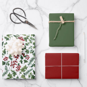 Lovely Holiday Botanical Print w/ Matching Solids Wrapping Paper Sheet