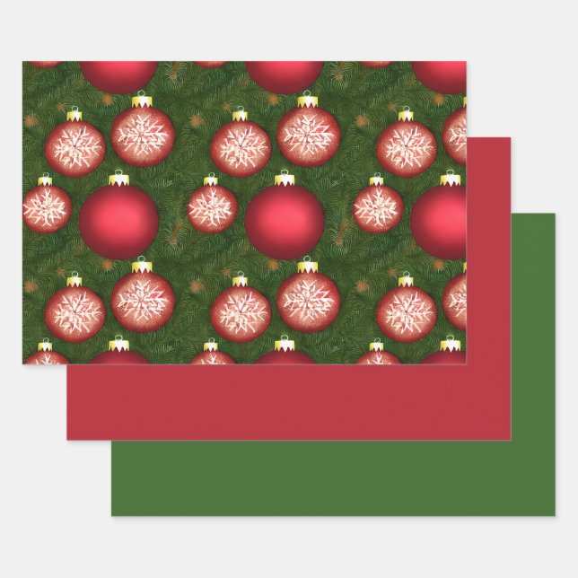 Lovely Holiday Ornament Pattern w/ Matching Solids Wrapping Paper Sheet (Set)