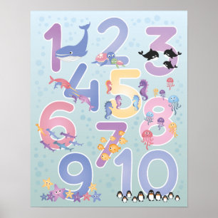 Lovely Illustrations of Sea Animals One-Ten Number Poster