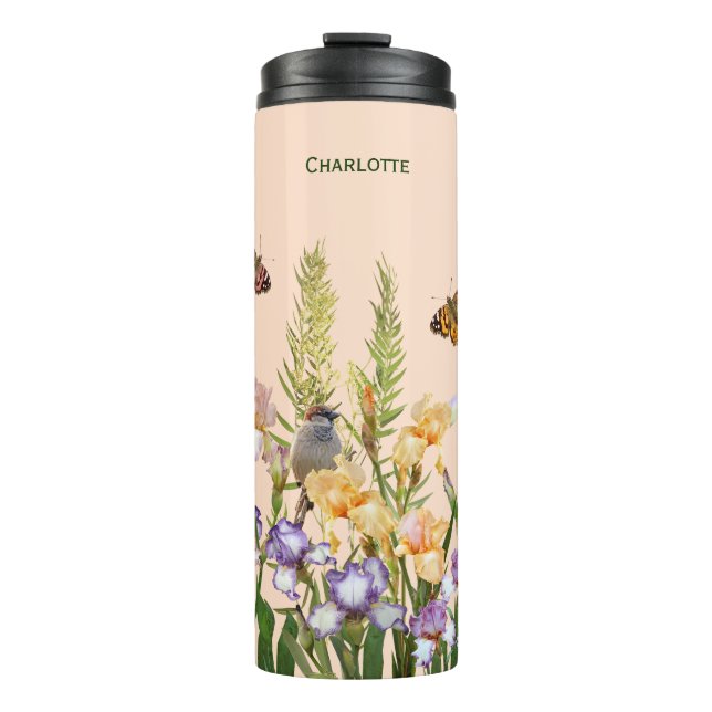 Lovely Irises, Birds and Butterflies Personalized Thermal Tumbler (Front)