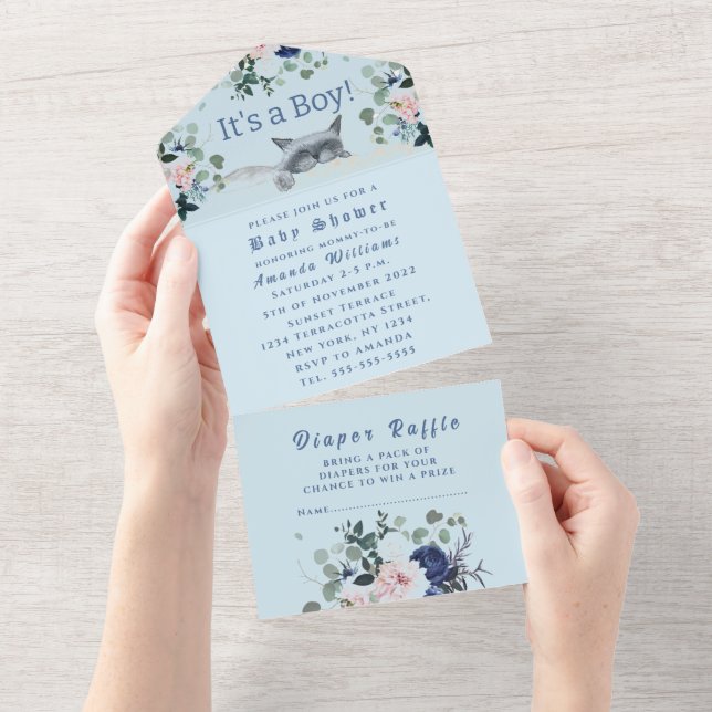 Lovely Kitten Flowers Blue It's a Boy Baby Shower All In One Invitation (Tearaway)