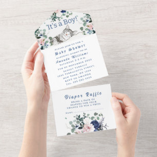 Lovely Kitten Flowers Blue It's a Boy Baby Shower All In One Invitation