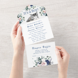 Lovely Kitten Flowers Blue It's a Boy Baby Shower All In One Invitation